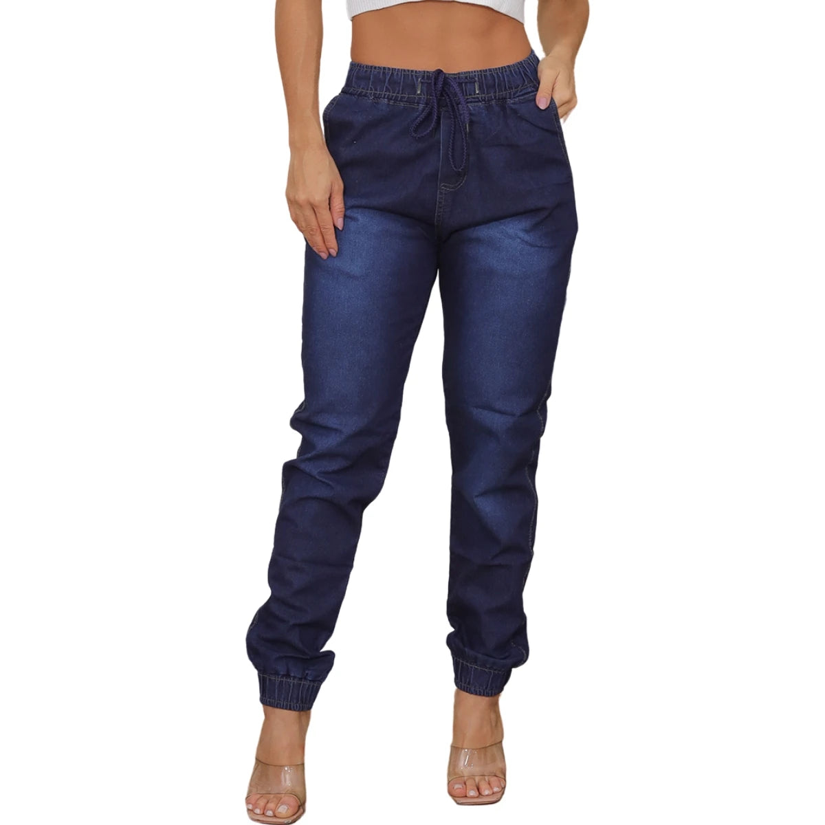 Calças de ganga jogger femininas com cintura alta elástica