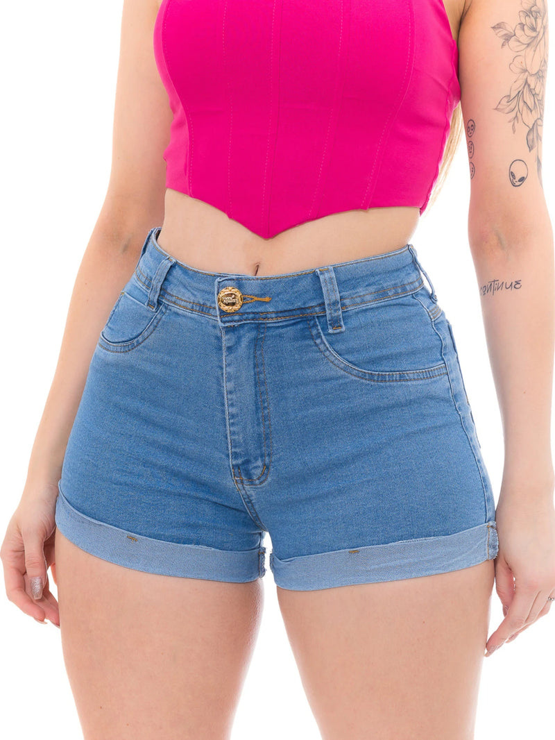 Shorts Jeans Feminino Levanta Bumbum Com Detalhe na Barra Dobrada